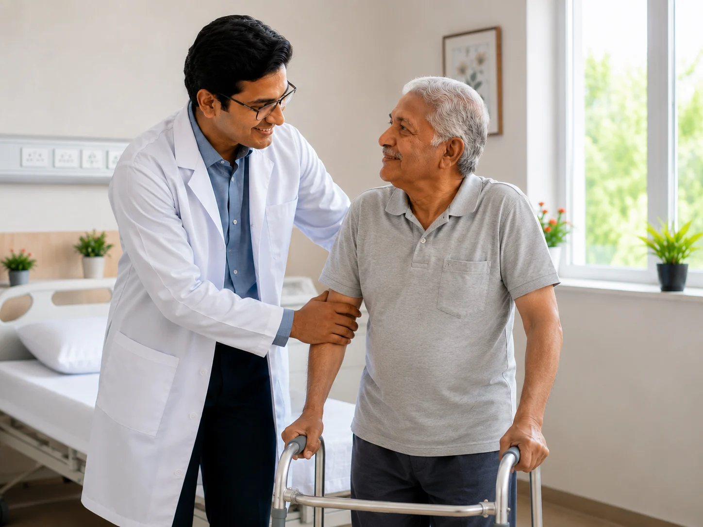 Caregiver supporting an elderly patient with dementia at Athma Rehabilitation Centre