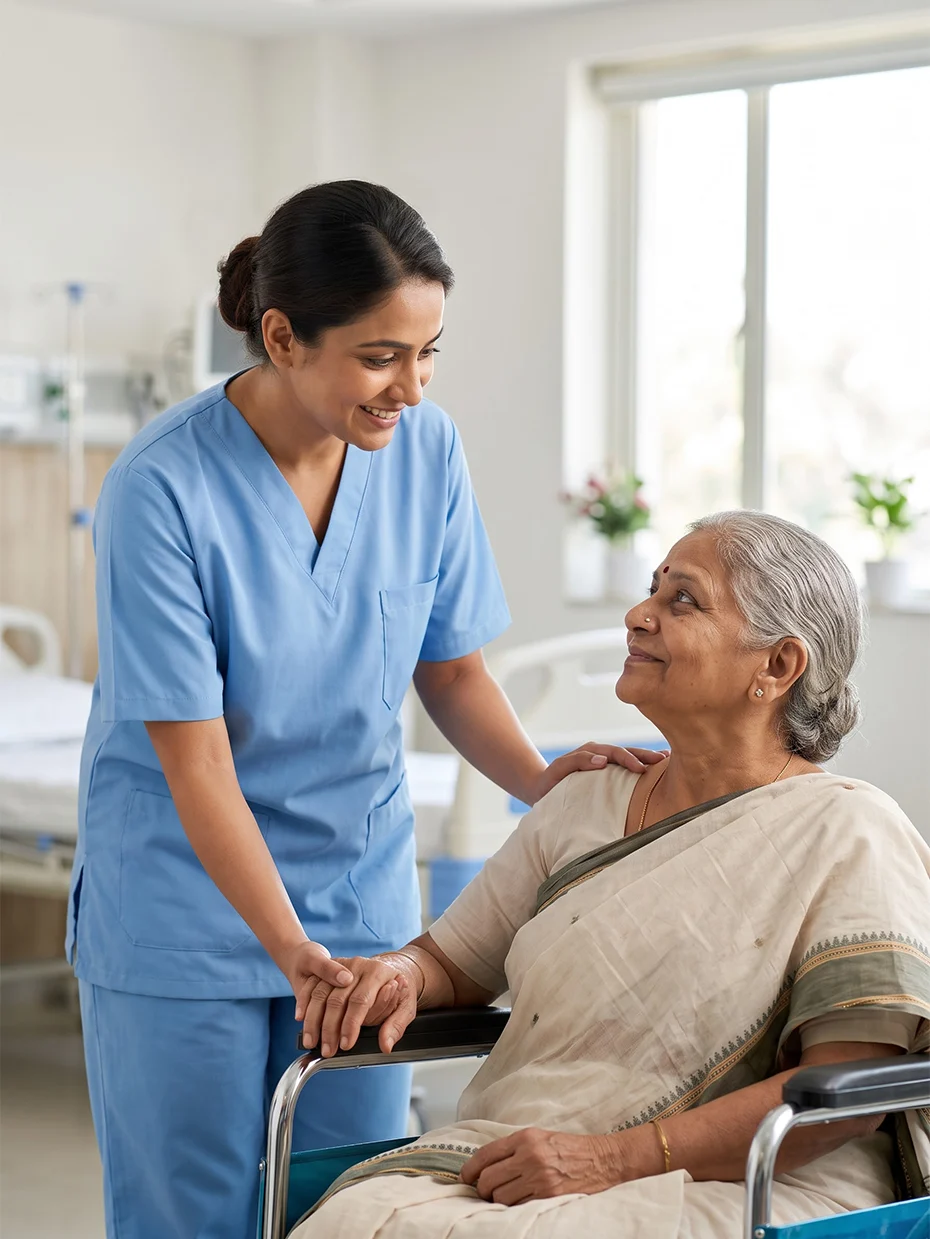 Caregiver supporting an elderly patient in dementia care at Athma